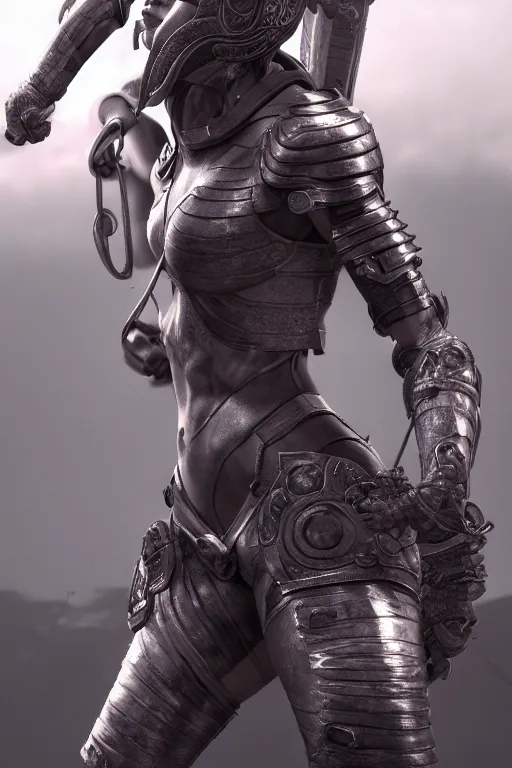 Image similar to a highly detailed sculpt of athletic girl in armor, cinematic light, featured on artstation, octane render, path tracing, sharp focus, 4 k