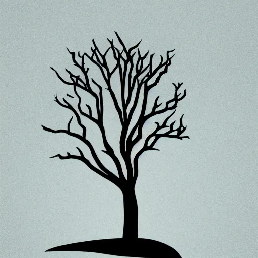 Image similar to a singled barren dead tree on a tiny island surrounded by a peaceful calm ocean, minimalist art, stylized illustration, dull color palette