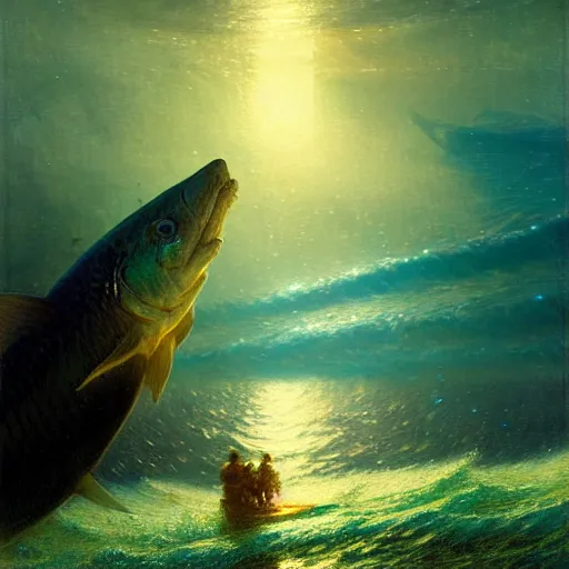 Image similar to point of view of deep in the ocean looking up, you see fishes, the milk way, night time, midnight, no sunlight. highly detailed painting by gaston bussiere, greg rutkowski 8 k