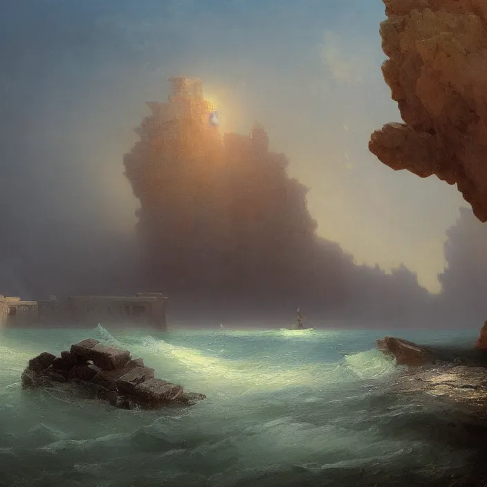 Image similar to a beautiful painting of ruins on the sea by ivan aivazovsky and zdzisław beksinski and rene magritte and greg rutkowski and james gurney, in style of digital art. hyper detailed, sharp focus, soft light. octane render. ray tracing. trending on artstation