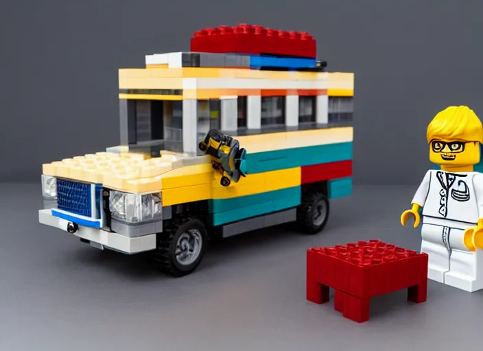 Image similar to product photo still of walter white winnebago lego playset, 8 k, 1 2 0 mm macro, f 1. 8, studio lighting, key light