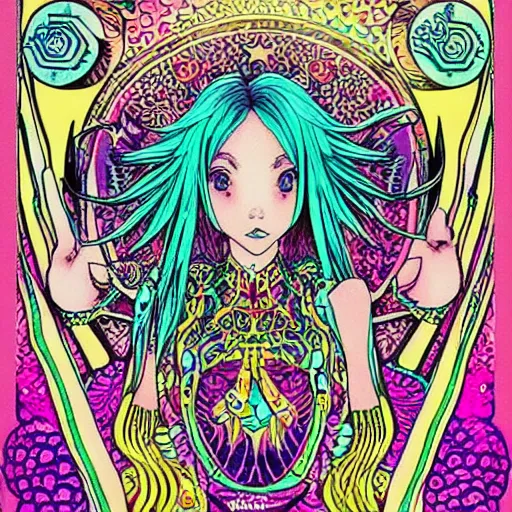 Prompt: hatsune miki, intricate, amazing line work, cosmic, psychedelic, cheerful, colorful, tarot cards, the devil tarot card