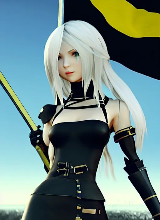 Prompt: a 2 from nier : automata wielding the flag of ukraine