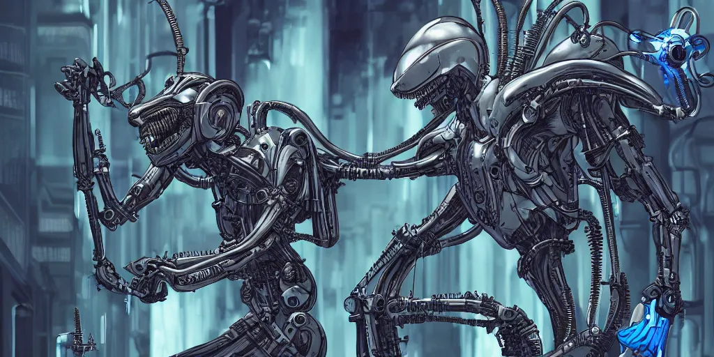 Image similar to the son of the pope as a futuristic xenomorphic cyborg, foating in a isolation cryogenic tubes, cyberpunk, biomechanical, night lighting, blue color, intricate details, hyper realistic, graphic novel color scheme