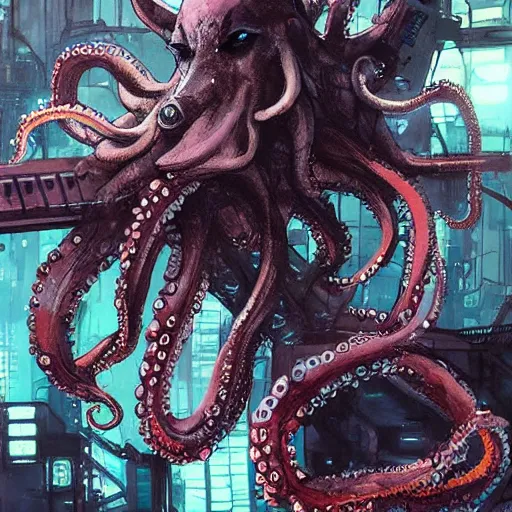 Prompt: octopus on a space station, cyberpunk, realistic, detailed, Industrial Scifi, paint, watercolor, in the style of Ashley Wood and Wadim Kashin