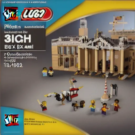 Image similar to Box art for a LEGO set of a high profile court case