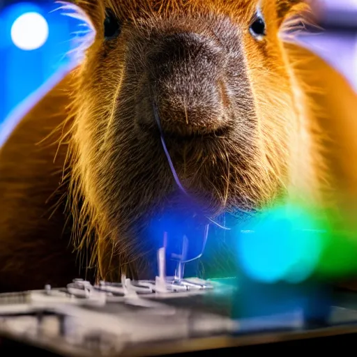 Image similar to cute capybara eating a nvidia gpu, cooling fans on the gpu, a happy capybara chewing on a video card, soft blue lights, bokeh, sharp focus, 3 5 mm, taken by sony a 7 r, 4 k, award winning