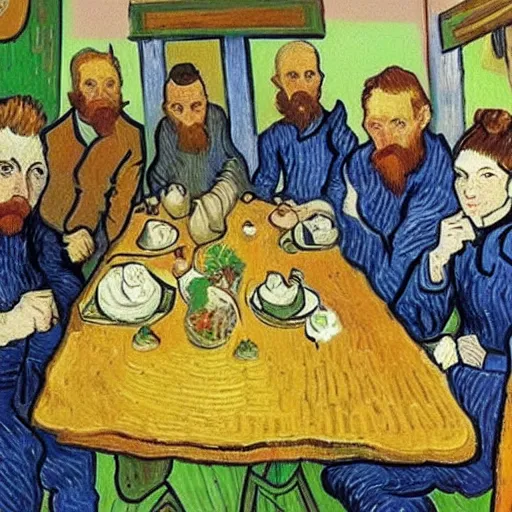 Image similar to a group of friends having lunch, van Gogh style