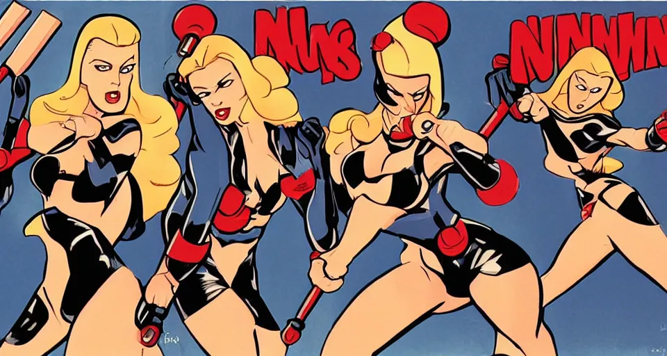 Prompt: a comic book illustration of nuns with nunchucks by Bruce Timm