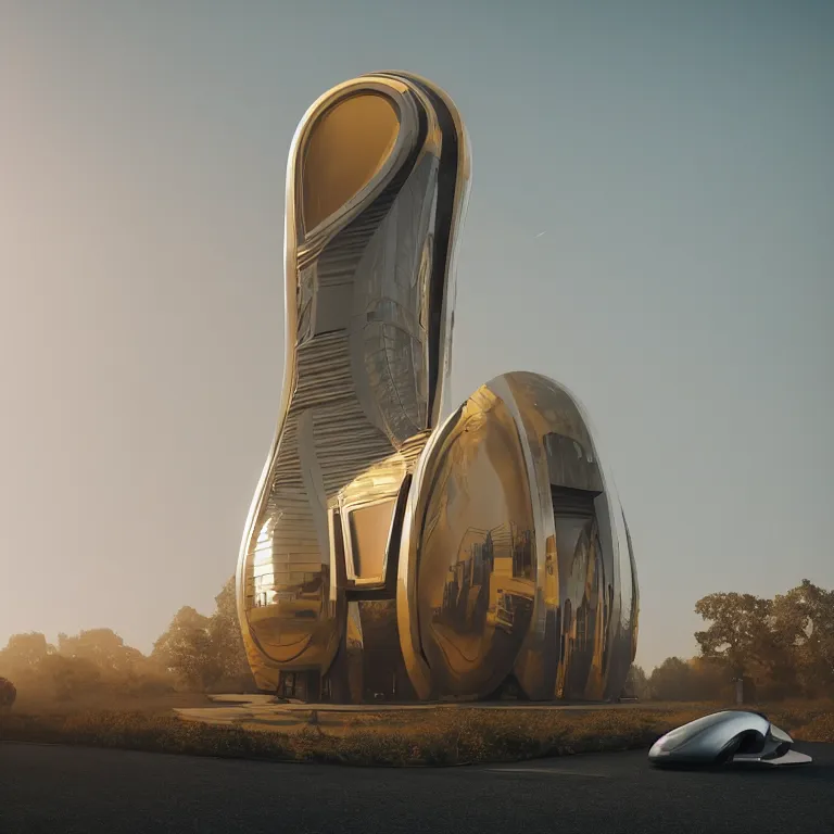 Prompt: photo by josh pierce and prateek vatash and roman bratschi, a giant futuristic smooth sleek shiny refletive queen anne revival style mars habitat, backlit, golden hour, blowing dust, atmospheric haze, vignette, dramatic, epic, 4 d, 4 k, ray tracing reflections, volumetric lighting and shadows,