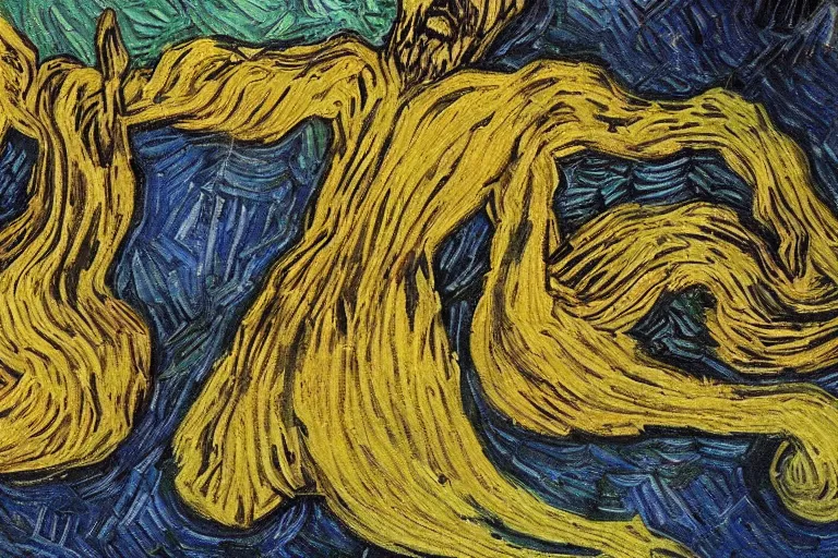 Image similar to eschers metamorphosis as painted by van gogh, detailed, wet brush, poster art