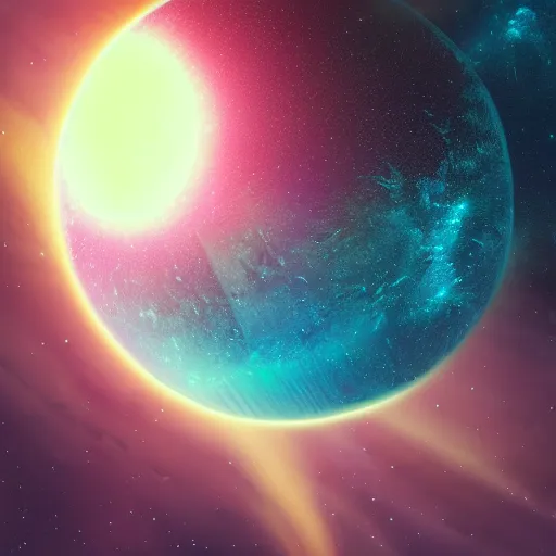 Image similar to a detailed matte painting of a marble - like planet orbiting a large purple sun in a sea of stars surrounded by colorful swirling gas clouds, by alena aenami, petros afshar and greg rutkowski trending on artstation, deviantart, planet, clouds, earth, exoplanet, stars, nubulae hubble, 8 k, 4 k