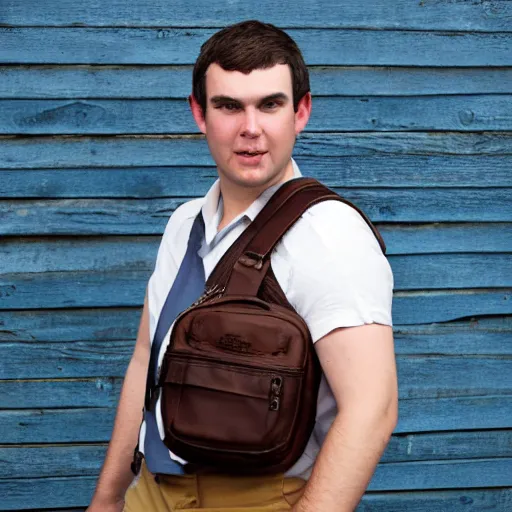 Prompt: clean shaven pudgy British lad with short curly dark brown hair as a hobbit wearing a white men's crossbody sling chest bag and blue vest