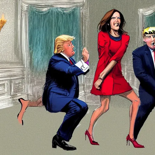 Image similar to an ultra detailed picture portrait of Donald Trump kicking Joe Biden and Kamala Harris out of the white house 8k, photorealistic, Smooth,