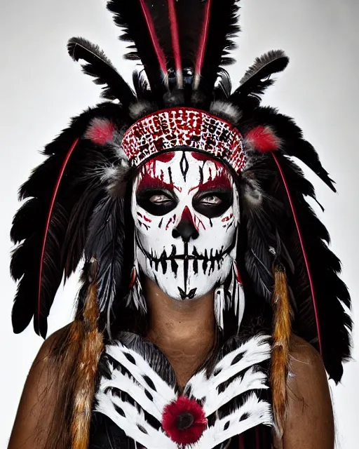 Prompt: the aztec ghost - spirit of the grim - warpaint wears the scarlet skull armor and native blood headdress feathers, midnight fog - mist!, cinematic lighting, various refining methods, micro macro autofocus, ultra definition, award winning photo