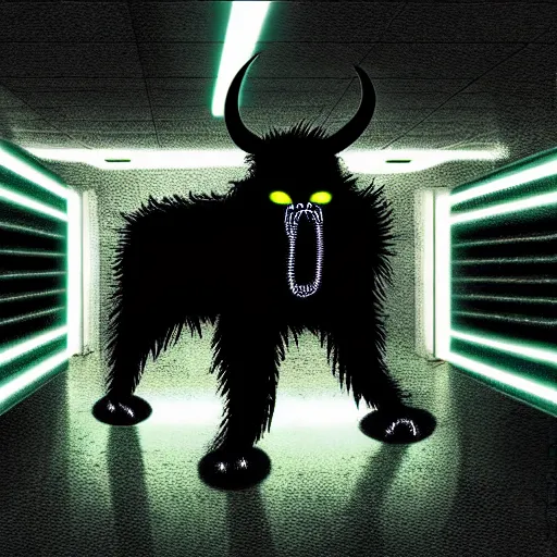 Image similar to menacing aggressive black creature made out of needles, archaic demon, in a gas station, aggressive fluorescent industrial lighting, extremely detailed digital art