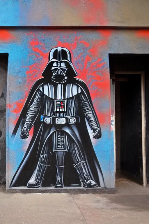 Image similar to darth vader graffiti art on the wall of a cantina on tatooine