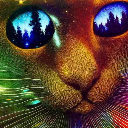 Image similar to psychedelic lush pine forest, outer space, milky way, amber eyes cat eyes designed by arnold bocklin, jules bastien - lepage, tarsila do amaral, wayne barlowe and gustave baumann, cheval michael, trending on artstation, star, sharp focus, colorful refracted sparkles and lines, soft light, 8 k 4 k