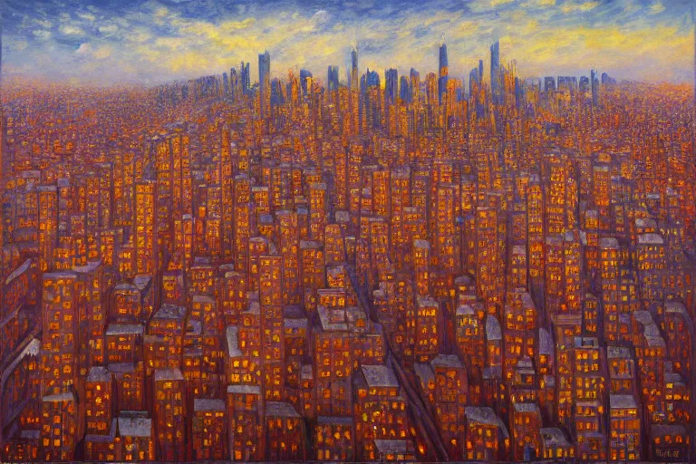 Prompt: inner city skyline by jeffrey smith, ( monet ), cubism, 3 d depth, oil on canvas, trending art station, masterpiece