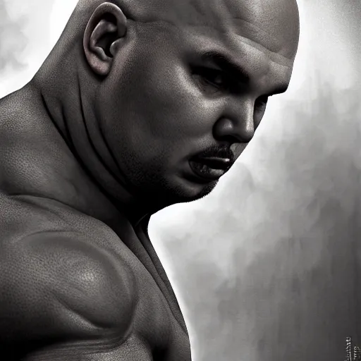 Image similar to fat Joe with the physique of a body builder, realistic, detailed, cinematic, dynamic lighting, photorealistic, refined, intricate, digital art, digital painting, masterpiece, gym background,