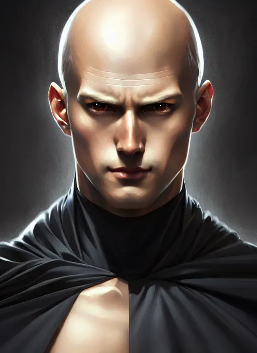 Image similar to ultra realistic illustration, handsome saitama. intricate, elegant, highly detailed, black cape, digital painting, artstation, concept art, smooth, sharp focus, illustration, art by artgerm and greg rutkowski and alphonse mucha and wlop