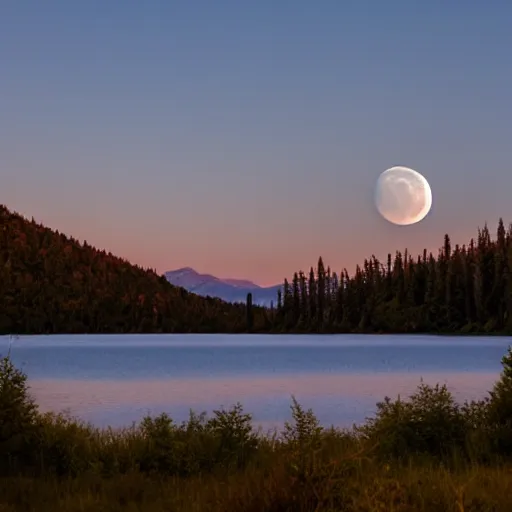 Prompt: full moonrise on still lake in the mountains