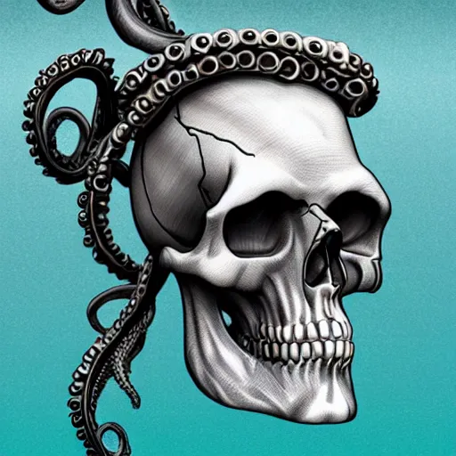 Image similar to skull of a pirate with tentacles protruding out at the bottom of the ocean photo realistic