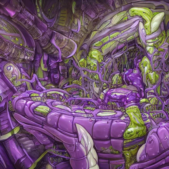 Prompt: detailed shot inside a goddess mecha dragon's cavernous living stomach, the walls purple, ribbed, and pulsing, slimy and hot, lots of acid pooling up on the floor, digesting a bunch humans that ended up inside, food pov, micro pov, vore, digital art, furry art, high quality, 8k 3D realistic, macro art, micro art, Furaffinity, Deviantart, Eka's Portal, G6