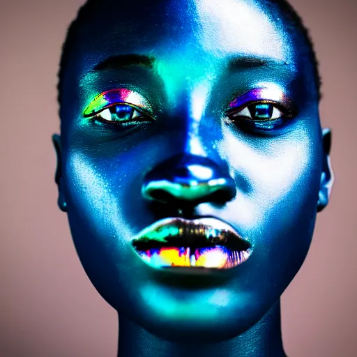 Image similar to portrait photograph of iridescent metalic face, african woman, iridescent reflections, proud looking, blue sky, 8 k, realistic, depth of field, highly detailed, art photography