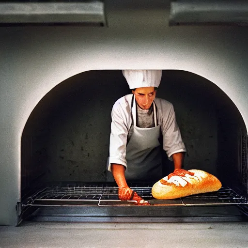 Image similar to portrait of a baker fighting bread trying to escape the oven, by Steve McCurry and David Lazar, natural light, detailed face, CANON Eos C300, ƒ1.8, 35mm, 8K, medium-format print