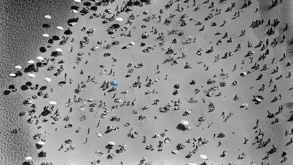 Image similar to photograph beachscapes satellite view imagery, Aerial view of beautiful sandy beach with hundreds of umbrellas and sea, Aerial of a crowded sandy beach with colourful 1970s umbrellas sun bathers and swimmers during summer, golden sand and clear blue sea, by Tommy Clarke and Joshua Jensen-Nagle