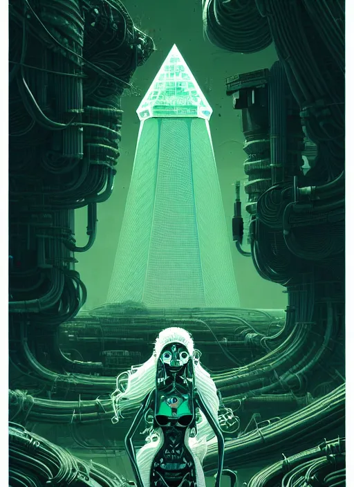 Prompt: highly detailed portrait of a biopunk long curly white hair tribal lady, stray wiring by atey ghailan, james gilleard, by joe fenton, by greg rutkowski, by greg tocchini, by kaethe butcher, 4 k resolution, gradient green, black and white color scheme!!! ( ( irradiated robotic pyramid landscape background ) )