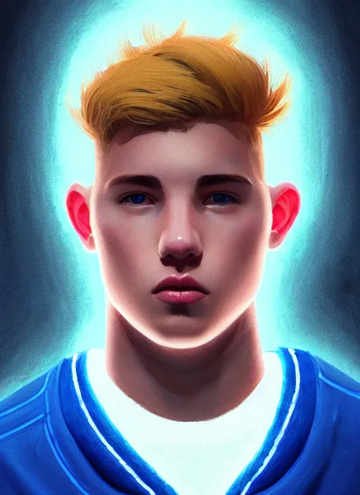 Image similar to portrait of high school senior boy named big moose, blonde short hair, jock, beefy, wide face, square jaw, square facial structure, blue varsity jacket with letter r, intricate, elegant, glowing lights, highly detailed, digital painting, artstation, concept art, sharp focus, illustration, art by wlop, mars ravelo and greg rutkowski