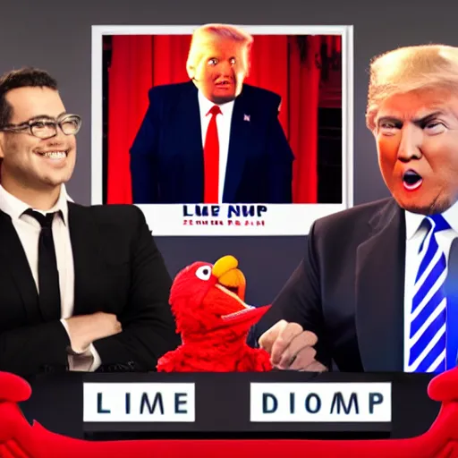 Image similar to Roman Reines hosting a late night talk show with Donald Trump and Elmo, during pride month, realistic photo