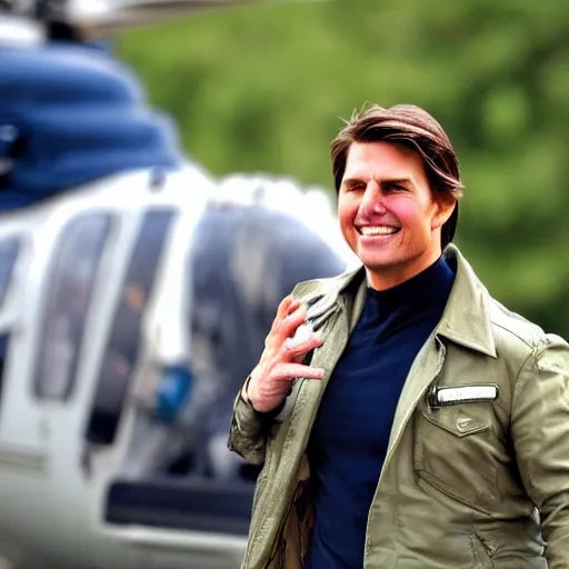 Image similar to Tom Cruise waving to fans. He's wearing bluejeans and a green jacket, Ralph Lauren. A helicopter is in the background. Shallow depth of field