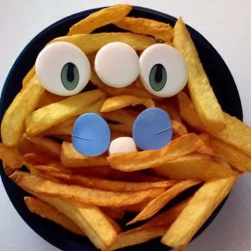 Image similar to [ a french fry chip ] shaped like stephen fry as a pixar character hybrid intercross mix