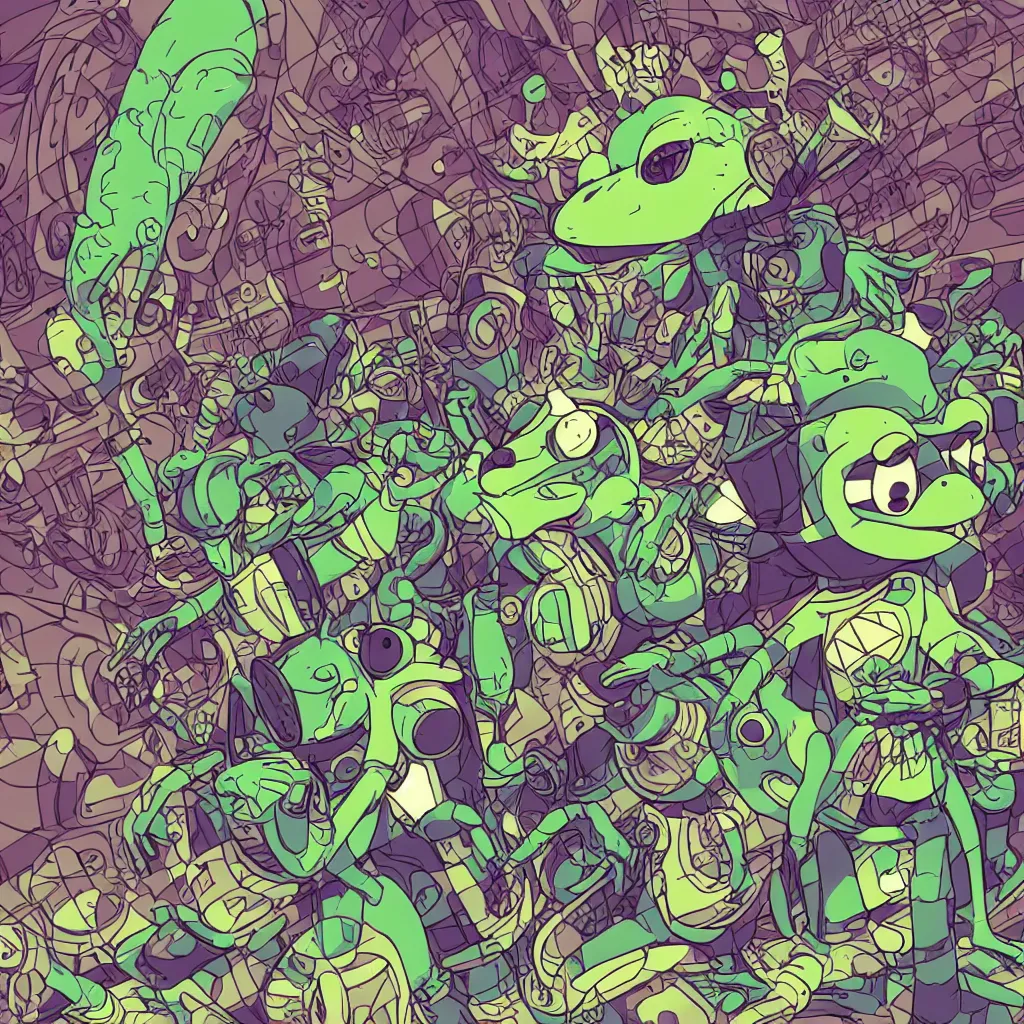 Image similar to toad head, ryuta ueda artwork, breakcore, style of jet set radio, y 2 k, gloom, space, cel - shaded art style, frogs, amphibians, sacred geometry, data, minimal, code, cybernetic, dark, eerie, cyber