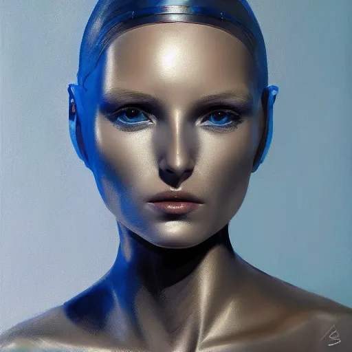 Image similar to portrait of a female android, no nose, no mouth, face completely covered in phthalo blue steel, filigree, elegant, sharp focus, graceful, master crafted, trending on artstation, award winning, beauty,