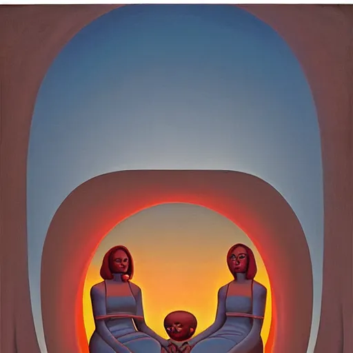 Prompt: Soul eating angels satisfy their hunger, light illumination at sunset, by George Tooker height 768