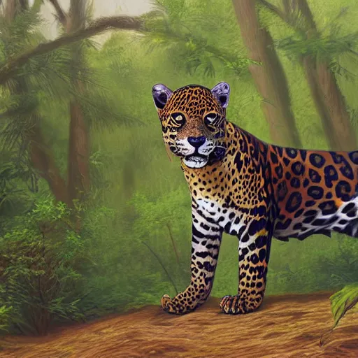 Image similar to painting of a jaguar in the wilderness, realistic, digital art