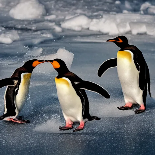 Image similar to penguins being chased by lightening while running on ice, wildlife photography, highly detailed, high quality, 8 k, soft lighting,