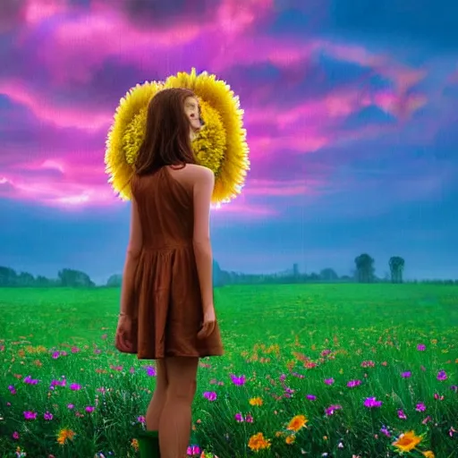 Image similar to full body daisy flower head girl standing in a flower field, her head is hidden behind the huge daisy flower,. surreal photography, sunrise, dramatic light, impressionist painting, colorful clouds, digital painting, artstation, simon stalenhag