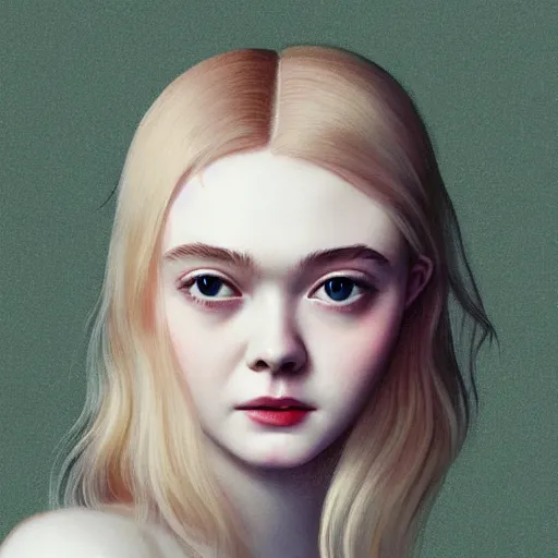 Image similar to professional painting of Elle Fanning in the style of Hsiao-Ron Cheng, head and shoulders portrait, symmetrical facial features, smooth, sharp focus, illustration, intricate, stormy weather, extremely detailed masterpiece,