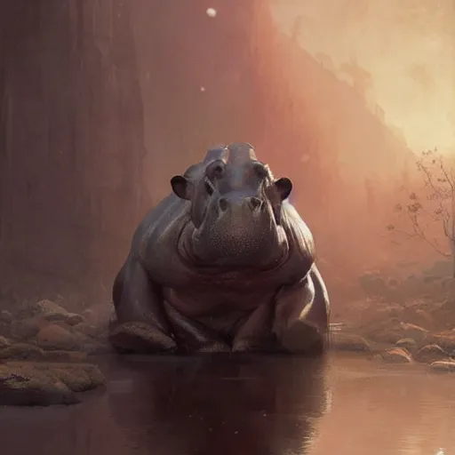 Prompt: anthropomorphic hippopotamus humanoid monk by greg rutkowski, water temple, winter, fantasy