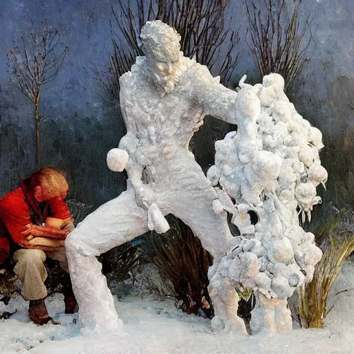 Image similar to a sculpture made of snow and ice and flower and plants, painting part by wojciech siudmak, part by ilya repin, part by max ernst, part by norman rockwell, artstation