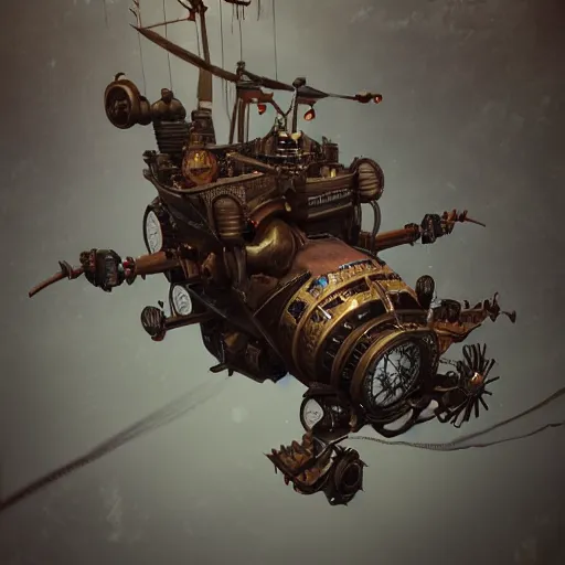 Image similar to flying steampunk fortress, extremely detailed, behrens style, unreal 5 render, fantasy digital art, octane render, beautiful composition, trending on artstation, award - winning photograph, masterpiece