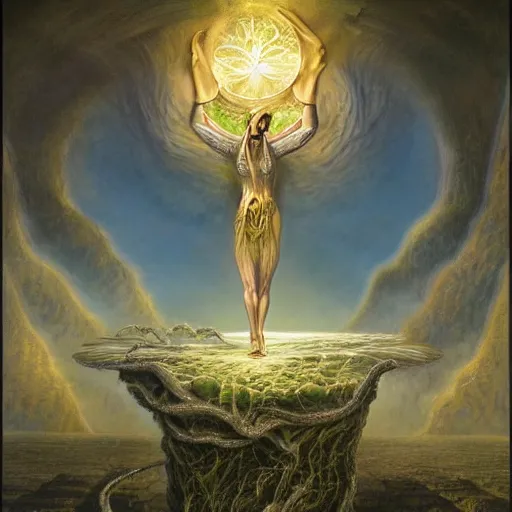 Image similar to The portal master tarot card by Tomasz Alen Kopera and Salvador Dali, impressive perspective, masterpiece, 8k, dynamic lighting, Highly Detailed, trending on artstation