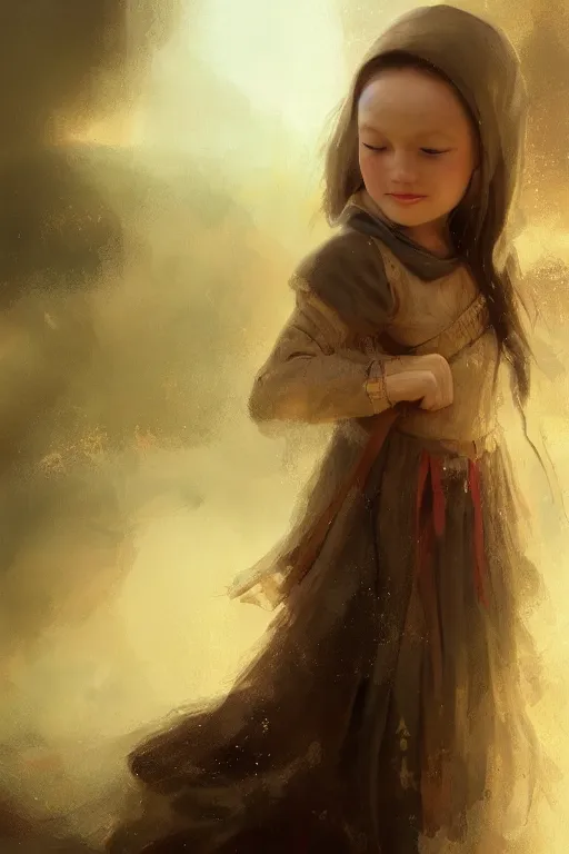 Image similar to medieval little girl, joyful, hope, close - up portrait, intricate, elegant, volumetric lighting, scenery, digital painting, highly detailed, artstation, sharp focus, illustration, concept art, ruan jia, steve mccurry