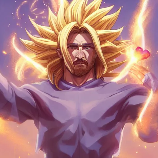 Image similar to Jesus christ transforming in super Saiyan while holding a shiny Sacred Heart, by Stanley Artgerm Lau, WLOP, Rossdraws, James Jean, Andrei Riabovitchev, Marc Simonetti, Yoshitaka Amano, ArtStation, CGSociety,