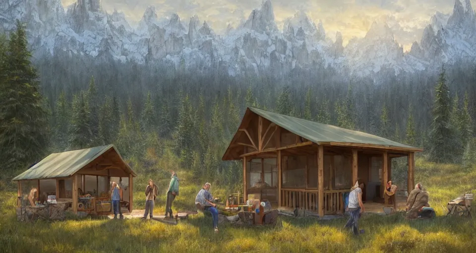 Image similar to cabela's beautiful comfortable modular pop - up insulated all terrain family dwelling, cabin,, person in foreground, mountainous forested wilderness open fields, beautiful views, painterly concept art, joanna gaines, environmental concept art, farmhouse, magnolia, concept art illustration, by james gurney, by craig mullins, by greg rutkowski trending on artstation